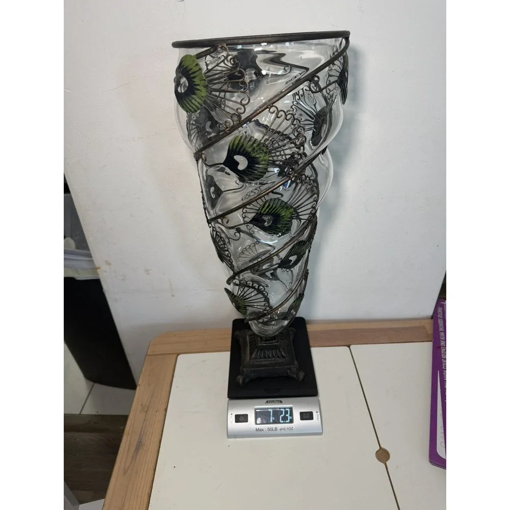 Vintage Hand Blown Cast Iron Large Peacock Feather Vase